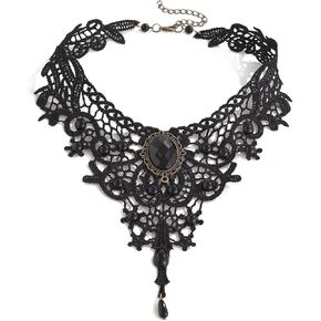 Gothic Black Lace Choker Necklace,Vintage Black Fringe Necklace Punk Style Red/Black Gem Pendant Necklace Retro Goth Lolita Choker Halloween Jewelry Witch Vampire Costume Accessories for Women in Kuwait