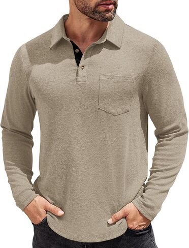 قميص بولو رجالي بأكمام طويلة من COOFANDY فستان كاجوال بأزرار بولو مع جيب قميص جولف أساسي خفيف الوزن بياقة in Kuwait