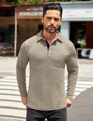 قميص بولو رجالي بأكمام طويلة من COOFANDY فستان كاجوال بأزرار بولو مع جيب قميص جولف أساسي خفيف الوزن بياقة in Kuwait