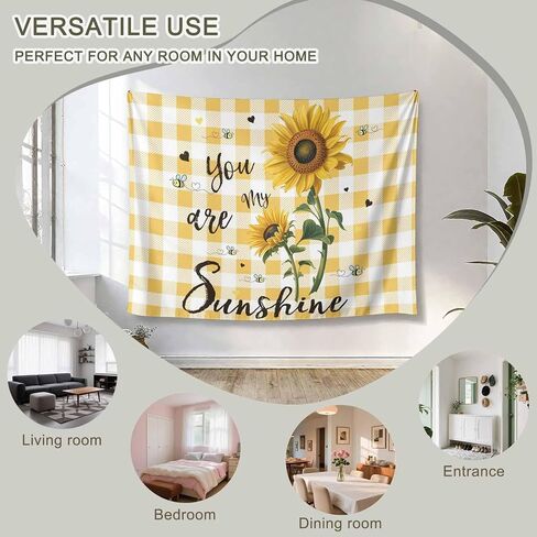 Tapestry Wall Hanging Bee Sunflower Tapestries Aesthetic Yellow Buffalo Plaid You Are My Sunshine Tapestry for Bedroom Living Room College Dorm Art Wall Decor Decorative Backdrop 50x60 Inch in Saudi Arabia