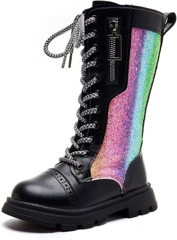 kkdom Girls Knee High Lace Up Side Zipper Mid Calf Combat Riding Boots Sparkly Rainbow Winter Boots for Kids Party Christmas Holiday in Saudi Arabia