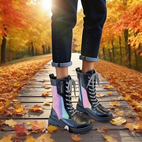 kkdom Girls Knee High Lace Up Side Zipper Mid Calf Combat Riding Boots Sparkly Rainbow Winter Boots for Kids Party Christmas Holiday in Saudi Arabia