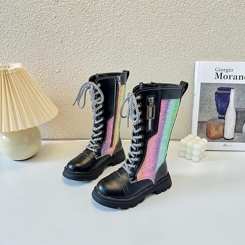 kkdom Girls Knee High Lace Up Side Zipper Mid Calf Combat Riding Boots Sparkly Rainbow Winter Boots for Kids Party Christmas Holiday in Saudi Arabia