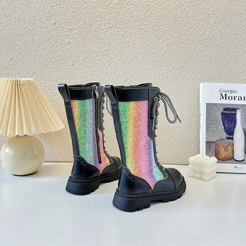 kkdom Girls Knee High Lace Up Side Zipper Mid Calf Combat Riding Boots Sparkly Rainbow Winter Boots for Kids Party Christmas Holiday in Saudi Arabia