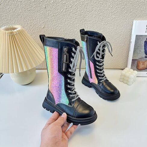 kkdom Girls Knee High Lace Up Side Zipper Mid Calf Combat Riding Boots Sparkly Rainbow Winter Boots for Kids Party Christmas Holiday in Saudi Arabia