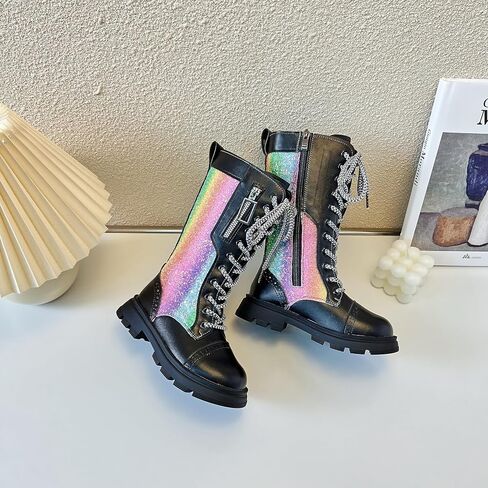 kkdom Girls Knee High Lace Up Side Zipper Mid Calf Combat Riding Boots Sparkly Rainbow Winter Boots for Kids Party Christmas Holiday in Saudi Arabia