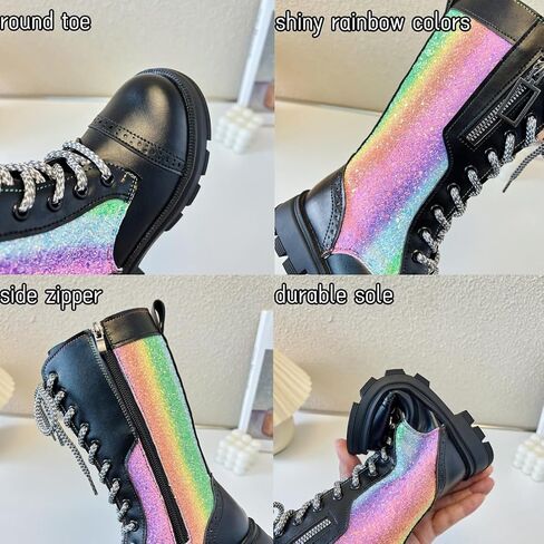 kkdom Girls Knee High Lace Up Side Zipper Mid Calf Combat Riding Boots Sparkly Rainbow Winter Boots for Kids Party Christmas Holiday in Saudi Arabia
