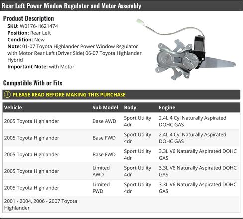 منظم نوافذ الطاقة الخلفي الأيسر للسائق ومجموعة المحرك - متوافق مع 2001-2007 Toyota Highlander Sport Utility 4 أبواب in Saudi Arabia