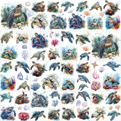 AHANDMAKER 12 Sheets Sea Turtle Rub On Transfer Stickers, Ocean Themed Window Decoration Featuring Turtles Coral, 12 Unique Designs for Turtle Lovers Creative Aquarium Decor, 5.5 x 5.5 Inches in Saudi Arabia