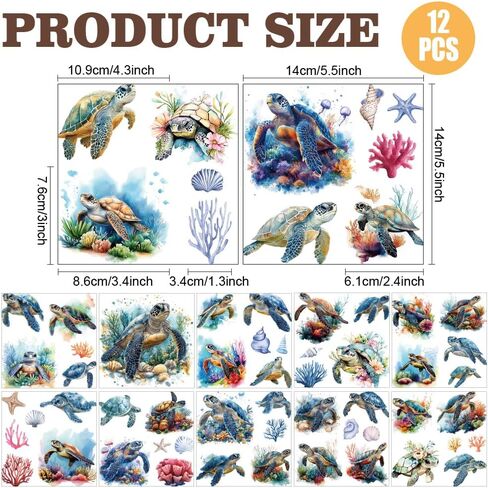 AHANDMAKER 12 Sheets Sea Turtle Rub On Transfer Stickers, Ocean Themed Window Decoration Featuring Turtles Coral, 12 Unique Designs for Turtle Lovers Creative Aquarium Decor, 5.5 x 5.5 Inches in Saudi Arabia