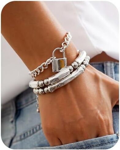 3Pcs Silver Stacked Beaded Bracelets Set Trendy Stretch Elastic Round Beaded Ball Tube Chunky Link Bracelets Layered OT Clasp Cuban Chain Bracelets Dainty Jewelry for Women in Saudi Arabia