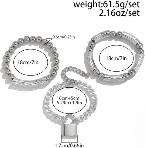 3Pcs Silver Stacked Beaded Bracelets Set Trendy Stretch Elastic Round Beaded Ball Tube Chunky Link Bracelets Layered OT Clasp Cuban Chain Bracelets Dainty Jewelry for Women in Saudi Arabia