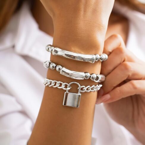 3Pcs Silver Stacked Beaded Bracelets Set Trendy Stretch Elastic Round Beaded Ball Tube Chunky Link Bracelets Layered OT Clasp Cuban Chain Bracelets Dainty Jewelry for Women in Saudi Arabia