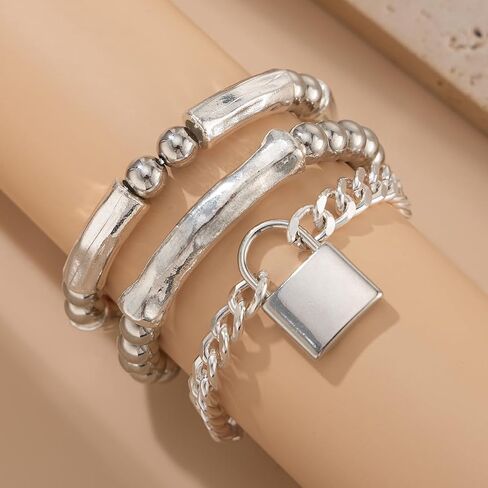 3Pcs Silver Stacked Beaded Bracelets Set Trendy Stretch Elastic Round Beaded Ball Tube Chunky Link Bracelets Layered OT Clasp Cuban Chain Bracelets Dainty Jewelry for Women in Saudi Arabia