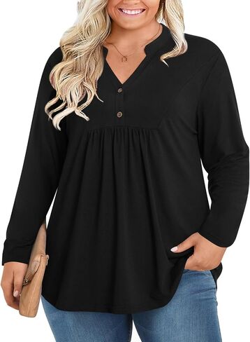 POPYOUNG Women's Plus Size Henley Tunic Tops Chic V Neck Button Shirt Casual Long Sleeve Pleated Blouse L-4XL in Kuwait