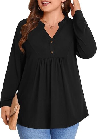 POPYOUNG Women's Plus Size Henley Tunic Tops Chic V Neck Button Shirt Casual Long Sleeve Pleated Blouse L-4XL in Kuwait