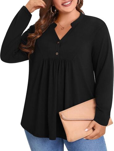 POPYOUNG Women's Plus Size Henley Tunic Tops Chic V Neck Button Shirt Casual Long Sleeve Pleated Blouse L-4XL in Kuwait