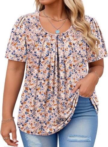 VISLILY Womens-Plus-Size-Summer-Tops Flowy Pleated T Shirts Crew Neck Short Sleeve Blouses Casual Loose Tunics Tee XL-5XL in Saudi Arabia