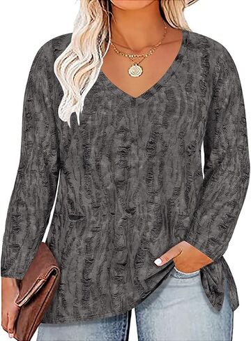 RITERA Womens Plus Size Tops Long Sleeve Shirts V Neck Tunics Fall Casual Pullover Loose Fit Basic Tshirt XL-5XL 14W-28W in Saudi Arabia