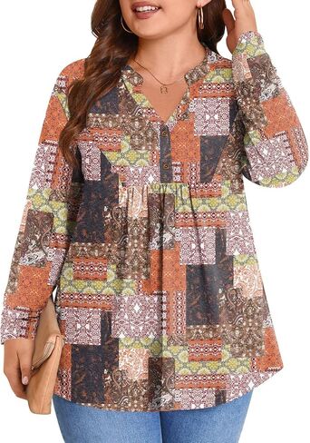 POPYOUNG Women's Plus Size Henley Tunic Tops Chic V Neck Button Shirt Casual Long Sleeve Pleated Blouse L-4XL in Kuwait