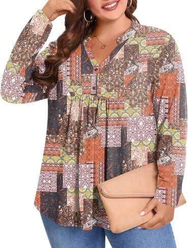 POPYOUNG Women's Plus Size Henley Tunic Tops Chic V Neck Button Shirt Casual Long Sleeve Pleated Blouse L-4XL in Kuwait