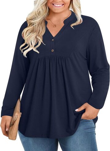 POPYOUNG Women's Plus Size Henley Tunic Tops Chic V Neck Button Shirt Casual Long Sleeve Pleated Blouse L-4XL in Kuwait
