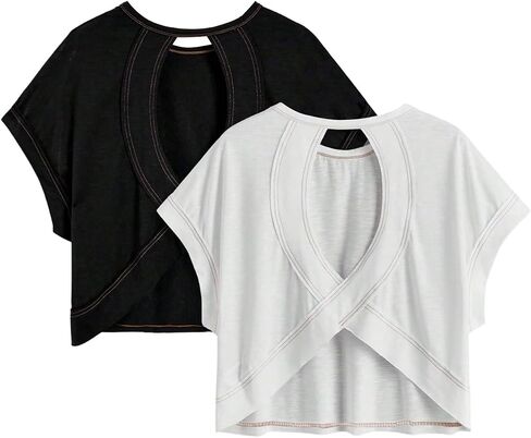 Women's 2 Packs Open Back Tops Criss Cross Cut Out Summer Casual T Shirt Crewneck Short Sleeve Backless Tee in Saudi Arabia