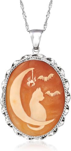 Ross-Simons Italian Orange Shell Cat and Moon Cameo Pendant Necklace in Sterling Silver in Saudi Arabia