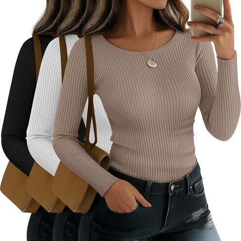 Riyiper 3 Pack Women's Long Sleeve Shirts, Cotton Crew Neck Ribbed Tops Slim Fit Casual Knit Tees Stretch Basic T Shirts 2025 in Saudi Arabia