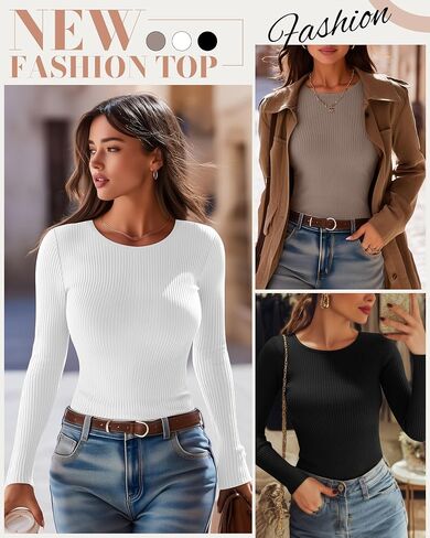 Riyiper 3 Pack Women's Long Sleeve Shirts, Cotton Crew Neck Ribbed Tops Slim Fit Casual Knit Tees Stretch Basic T Shirts 2025 in Saudi Arabia