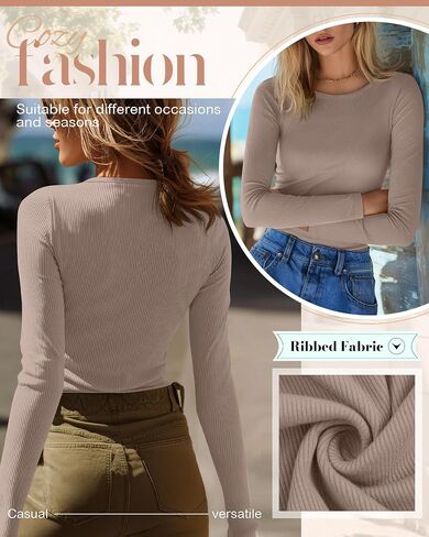 Riyiper 3 Pack Women's Long Sleeve Shirts, Cotton Crew Neck Ribbed Tops Slim Fit Casual Knit Tees Stretch Basic T Shirts 2025 in Saudi Arabia