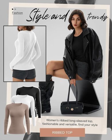Riyiper 3 Pack Women's Long Sleeve Shirts, Cotton Crew Neck Ribbed Tops Slim Fit Casual Knit Tees Stretch Basic T Shirts 2025 in Saudi Arabia