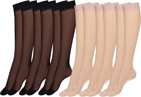 6 Pairs Knee High Stockings for Women, Sheer Nylon Stockings with Reinforced Toes Black and Nude One Size in Saudi Arabia