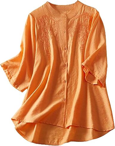 2025 Cotton Linen Embroidery Blouse for Women Casual O-Neck 3/4 Sleeve Shirts Vintage Loose Comfy Tunic Tops in Saudi Arabia
