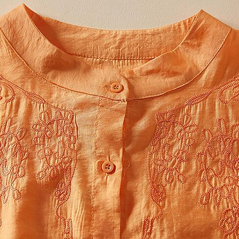 2025 Cotton Linen Embroidery Blouse for Women Casual O-Neck 3/4 Sleeve Shirts Vintage Loose Comfy Tunic Tops in Saudi Arabia