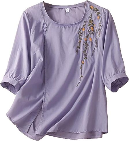2025 Cotton Linen Embroidery Blouse for Women Casual O-Neck 3/4 Sleeve Shirts Vintage Loose Comfy Tunic Tops in Saudi Arabia