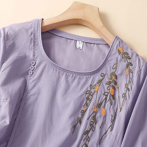 2025 Cotton Linen Embroidery Blouse for Women Casual O-Neck 3/4 Sleeve Shirts Vintage Loose Comfy Tunic Tops in Saudi Arabia