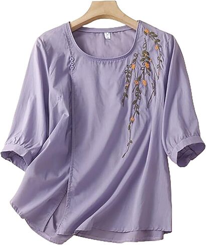 2025 Cotton Linen Embroidery Blouse for Women Casual O-Neck 3/4 Sleeve Shirts Vintage Loose Comfy Tunic Tops in Saudi Arabia