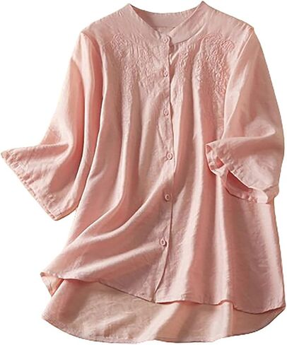 2025 Cotton Linen Embroidery Blouse for Women Casual O-Neck 3/4 Sleeve Shirts Vintage Loose Comfy Tunic Tops in Saudi Arabia