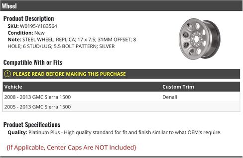Steel Wheel - Silver - 8 Hole - 6 Stud - 17 x 7.5 Inch - 31mm Offset - Compatible with 2005-2013 GMC Sierra 1500 in Saudi Arabia