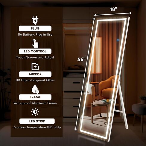 مرآة كاملة الطول مع مصابيح LED، مرآة أرضية لكامل الجسم مقاس 63 بوصة × 20 بوصة معلقة أو مرآة مثبتة على الحائط لغرفة النوم، إطار من الألومنيوم، تعتيم وإضاءة 3 ألوان in Kuwait