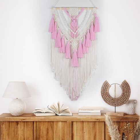 meunear الوردي macrame الجدار شنقا بوهو شيك نسيج لغرفة النوم، الوردي والبيج المنسوجة جدار الفن نسيج لغرفة المعيشة شقة النوم الحضانة مكتب الحديثة الحد الأدنى ديكور المنزل، 31.5l × 15.7w بوصة in Saudi Arabia
