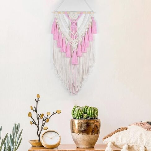 meunear الوردي macrame الجدار شنقا بوهو شيك نسيج لغرفة النوم، الوردي والبيج المنسوجة جدار الفن نسيج لغرفة المعيشة شقة النوم الحضانة مكتب الحديثة الحد الأدنى ديكور المنزل، 31.5l × 15.7w بوصة in Saudi Arabia