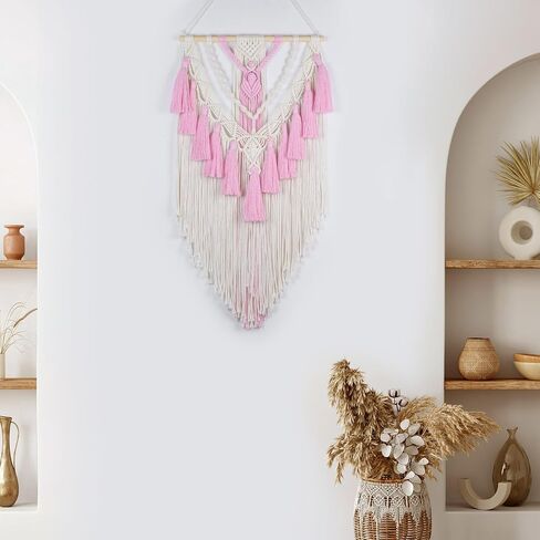 meunear الوردي macrame الجدار شنقا بوهو شيك نسيج لغرفة النوم، الوردي والبيج المنسوجة جدار الفن نسيج لغرفة المعيشة شقة النوم الحضانة مكتب الحديثة الحد الأدنى ديكور المنزل، 31.5l × 15.7w بوصة in Saudi Arabia