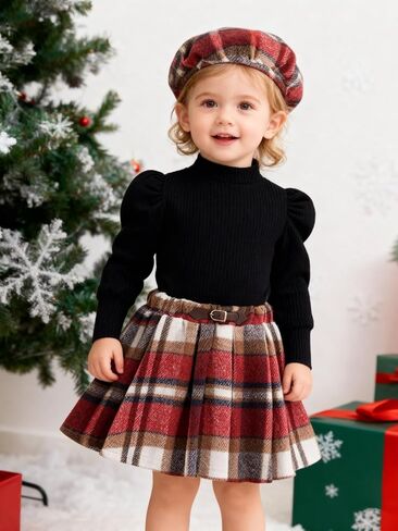 Patgoal Toddler Baby Girl Outfits Fall Winter Skirt Set Solid Long Sleeve Knitted Shirt Plaid Skirt Set Clothes with Hat in Kuwait