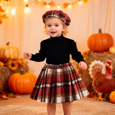Patgoal Toddler Baby Girl Outfits Fall Winter Skirt Set Solid Long Sleeve Knitted Shirt Plaid Skirt Set Clothes with Hat in Kuwait