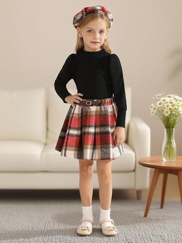 Patgoal Toddler Baby Girl Outfits Fall Winter Skirt Set Solid Long Sleeve Knitted Shirt Plaid Skirt Set Clothes with Hat in Kuwait