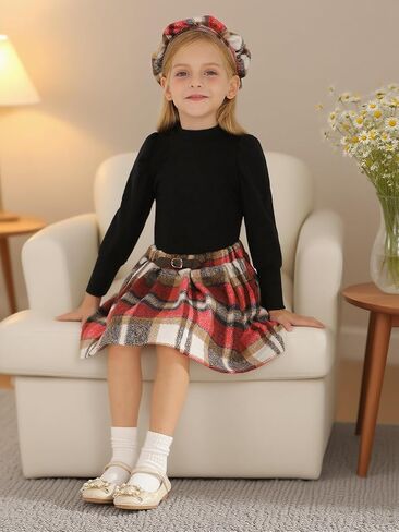 Patgoal Toddler Baby Girl Outfits Fall Winter Skirt Set Solid Long Sleeve Knitted Shirt Plaid Skirt Set Clothes with Hat in Kuwait