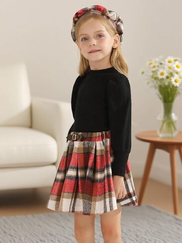 Patgoal Toddler Baby Girl Outfits Fall Winter Skirt Set Solid Long Sleeve Knitted Shirt Plaid Skirt Set Clothes with Hat in Kuwait