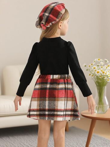 Patgoal Toddler Baby Girl Outfits Fall Winter Skirt Set Solid Long Sleeve Knitted Shirt Plaid Skirt Set Clothes with Hat in Kuwait